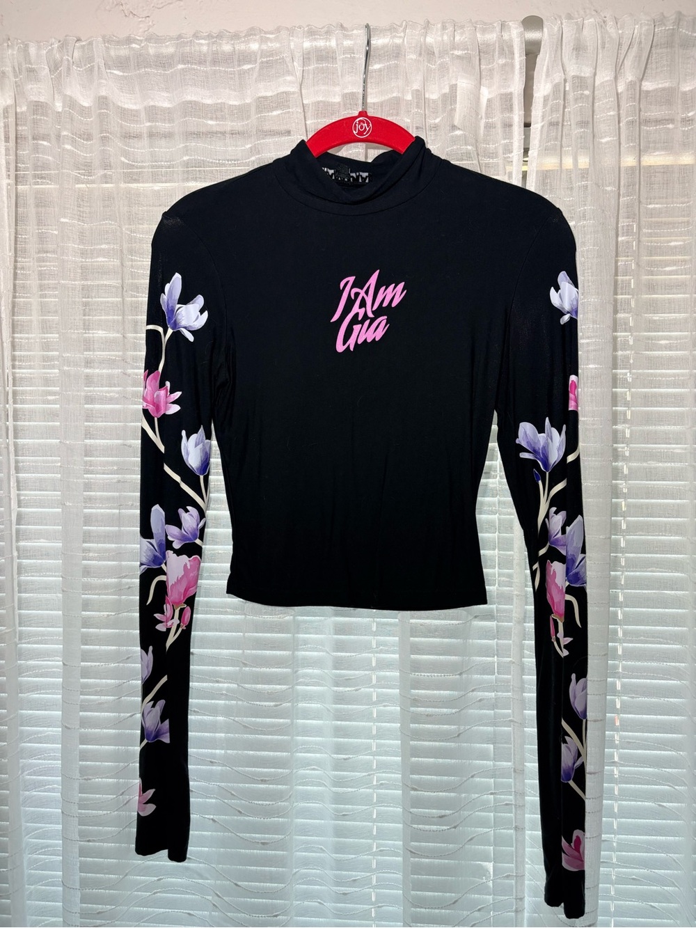 I.AM.GIA Black Floral Mock Neck Long-Sleeve Crop Top